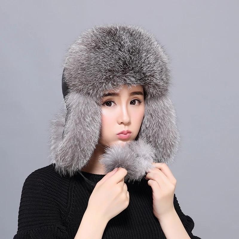 Женская шапка из натурального лисьего меха с меховыми шариками, женские корейские зимние шапки из натурального меха енота, теплая шапка-бомбер для девочек с ушами на лыжах, велоспорте, снежная шапка-бомбер