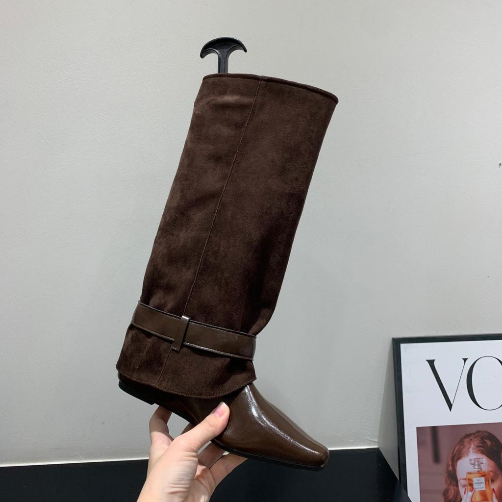 Inner Height Increasing Suede Pants Boots Long Knight Boots Women's Boots Autumn and Winter Square Head Skinny Pile Boots Long Boots