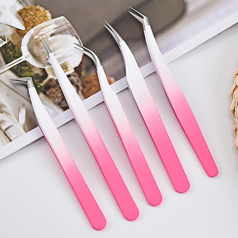 Пинцет для наращивания ресниц, градиентный розово-красный сверхтвердый пинцет из нержавеющей стали с кончиками из волокон, высокоточный антистатический пинцет