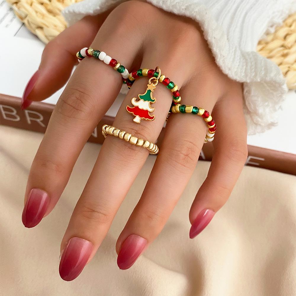 European & American Christmas Seed Bead Ring Set: 4-Piece Elastic Rings, Trendy Women's Fashion