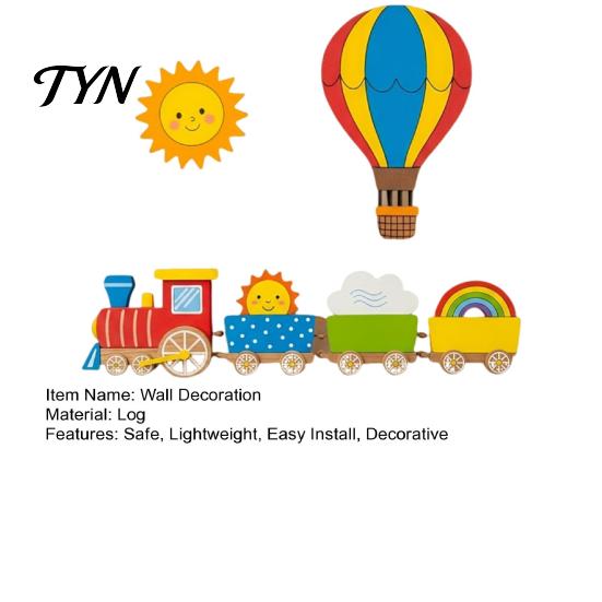 Non Damaging Wall Decor 4Pcs Cartoon Train Hot Air Balloon 3D Wooden Decor, Colorful Kids Lightweight Wood Signs Room Hanging, Nursery Educational