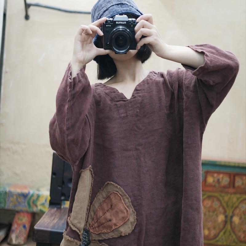 Винтажное красное свободное льняное платье с вышивкой в виде снежинок в стиле дзен (1998)