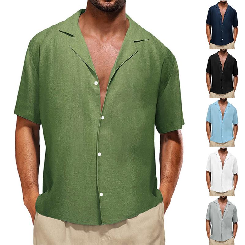Мужские хлопковые льняные топы на пуговицах с короткими рукавами, летняя повседневная рубашка, блузка, футболка