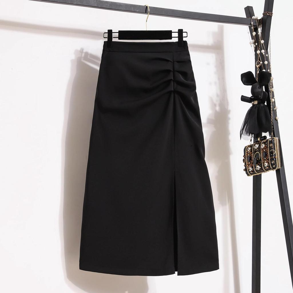 Women's Black High-Waisted Pleated Midi Skirt with Slit - Summer 2024 Collection