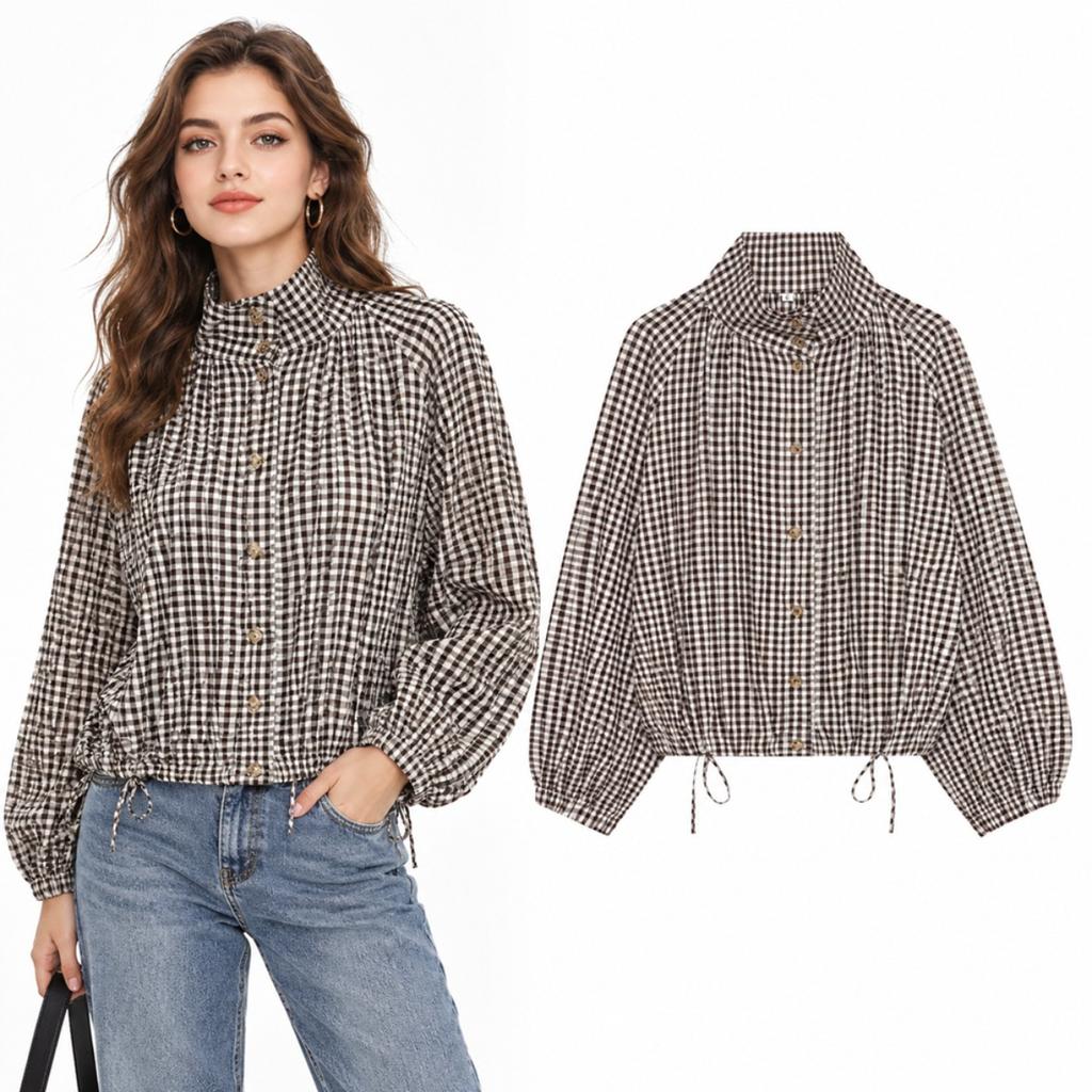Women's Autumn Plaid Jacket Stand Collar Long Sleeve Fashion Casual Stylish Outerwear