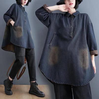 Большие размеры женские блузки рубашки однотонные с длинным рукавом джинсовая женская стильная модная синяя блузка