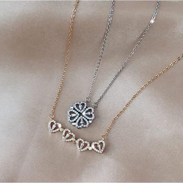 Колье - Милое - Четырехлистный клевер - Золотистый металл - Кристалл - 2 в 1 ретро