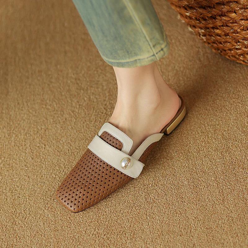 Модные сетчатые полые полутапочки женские 2024 новые летние квадратные носки на низком каблуке наружные мюли тапочки удобная женская обувь Zapatos De Mujer