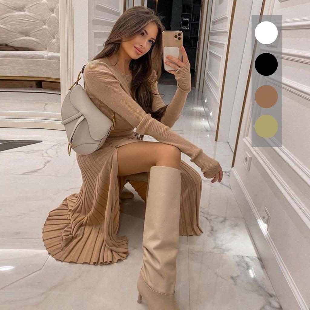 Matching Set Outfits Button Up Split Skirts Winter Solid Sexy Sweater Cropped Top Midi Skirt Two Piece Set