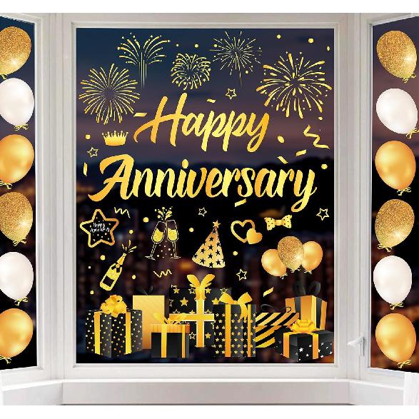 Whaline 6 Sheets New Year Window Clings New Years Eve Window Decal Champagne Firework Double-Sided Golden Yellow Window Stickers Reble for Home