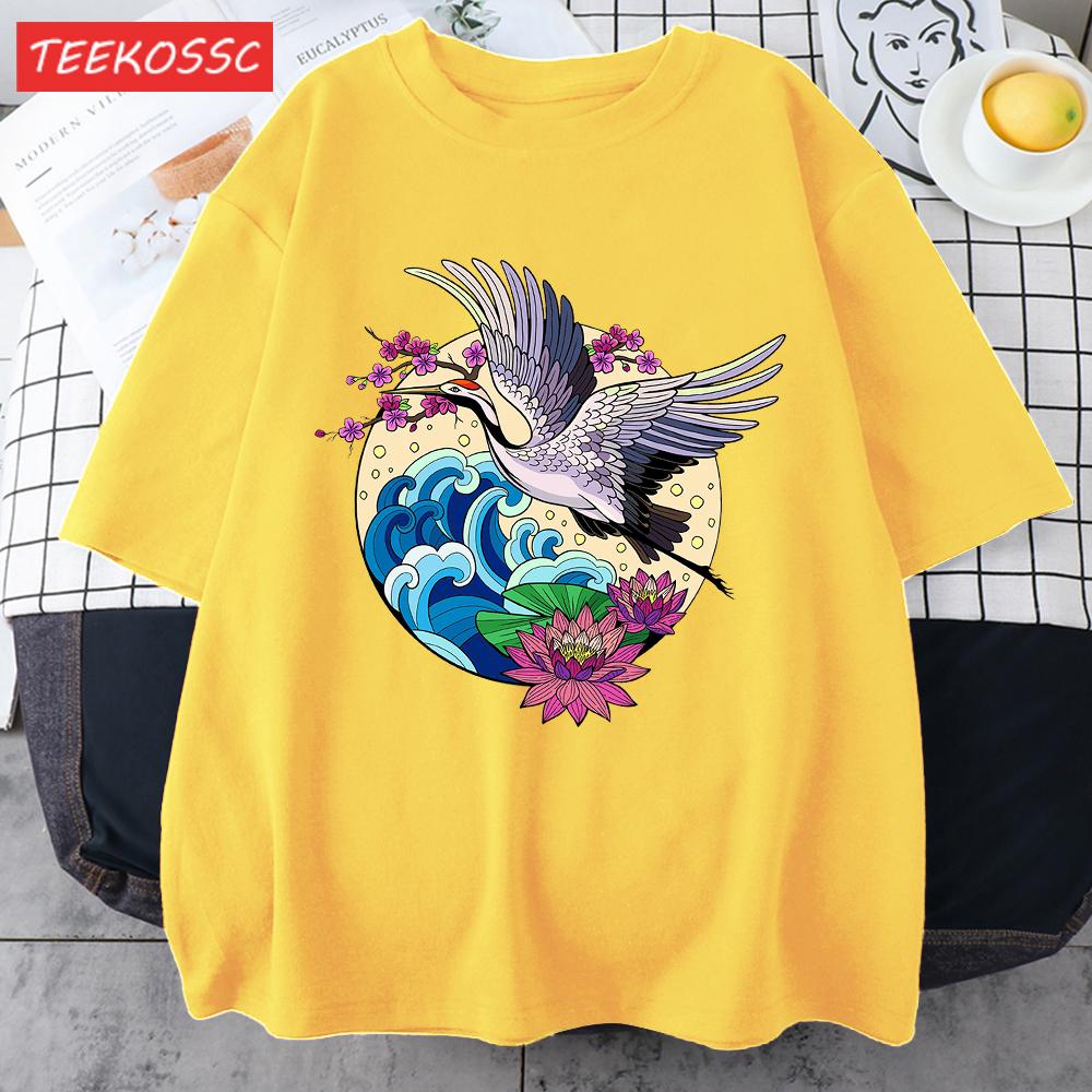 Cranes Enjoy Blooming Flowers Men T Shirts Vintage Fashion Soft Short Sleeve Summer Comfortable TShirt Unisex Cotton Loose Top