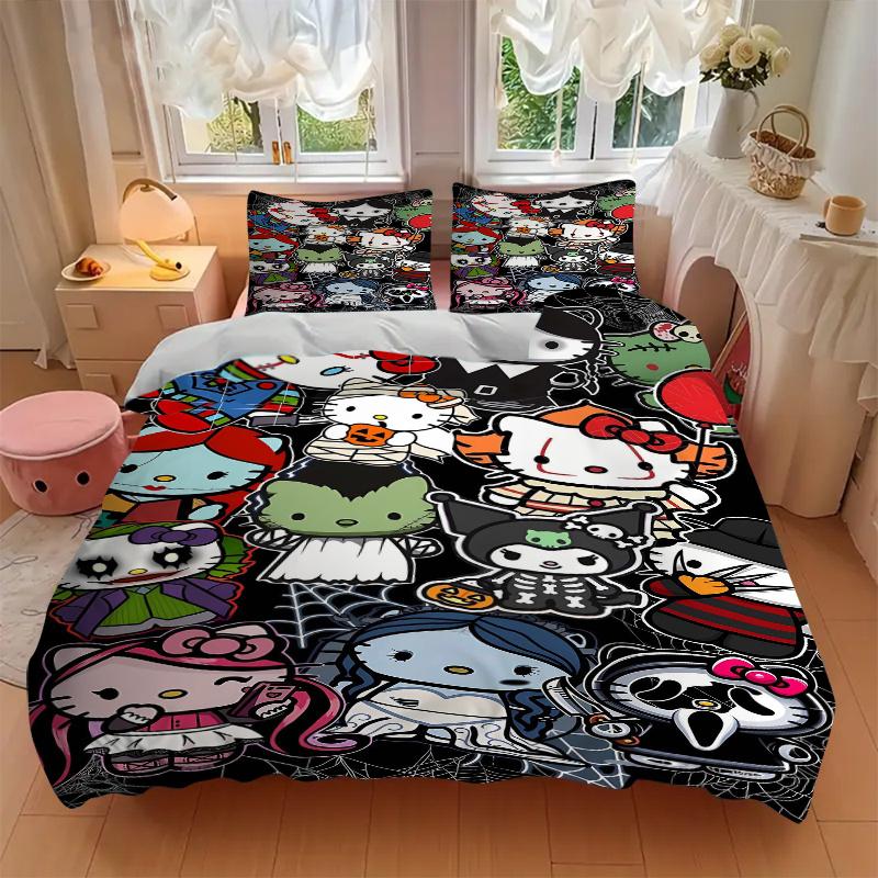 3 шт. Хэллоуин Коллекция Hello Kitty Постельное белье Комплект Включает 1 Пододеяльник и 2 Наволочки, Удобное Постельное белье со Стильным Дизайном для Спальни S025