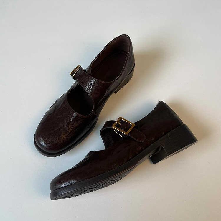 Универсальные Мэри Джейн из овчины в стиле колледжа 2025 с круглым носком, толстым средним каблуком, кожаной квадратной пряжкой, одинарные туфли, женские, ретро, колледж