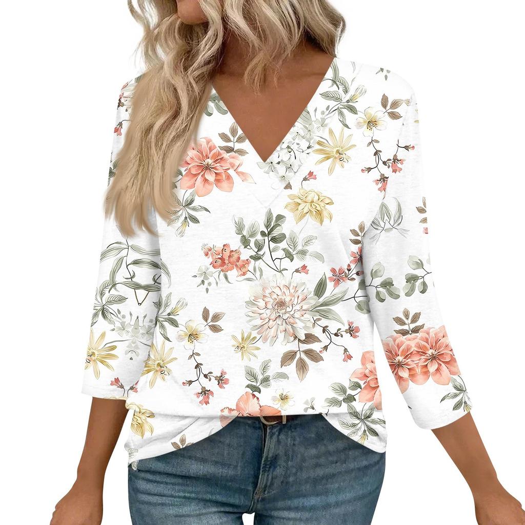 Женские рубашки с рукавом 3/4, топы с принтом и V-образным вырезом, повседневные топы, базовые футболки, блузки, свободные топы