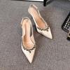 Sheepskin Version~ Temperament Rhinestone Thin Heel Commuter Pointed High Heels Women's Summer Wear One Word with Bag Head Sandals
