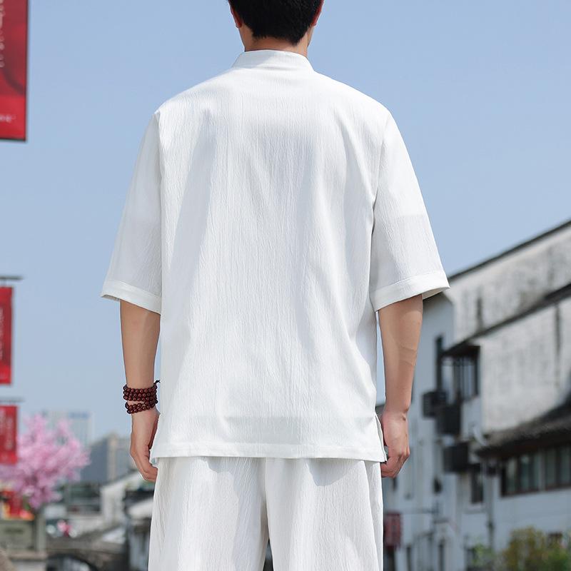 Летняя рубашка в китайском стиле с диском на пуговицах и рукавом три четверти, мужская повседневная рубашка с воротником-стойкой, однотонная рубашка больших размеров