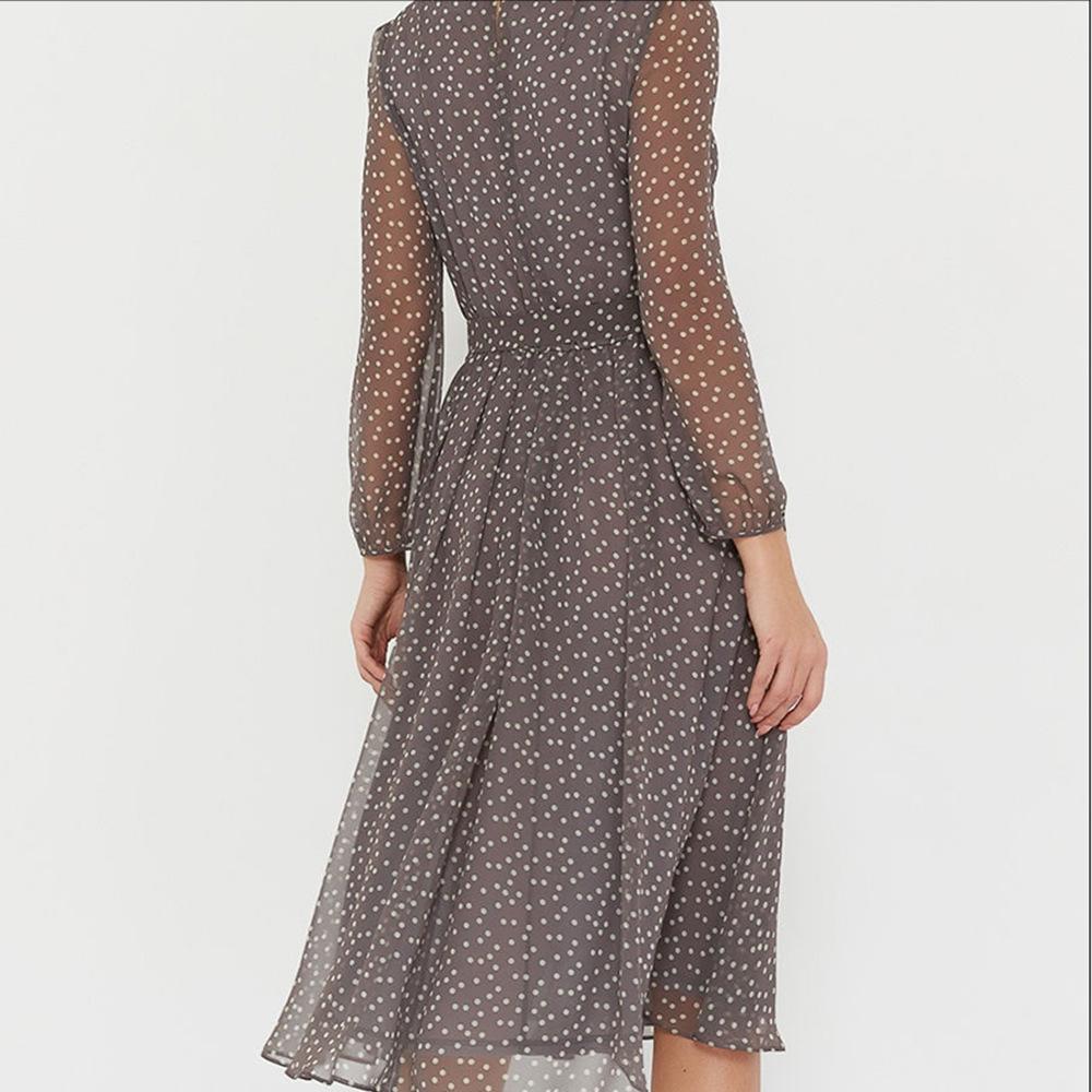 Women's Spring Summer Polka Dot Chiffon Midi Dress Round Neck Long Sleeve Tie Waist A Line Flowy Casual Dress for Office Daily Vacation Party Wear