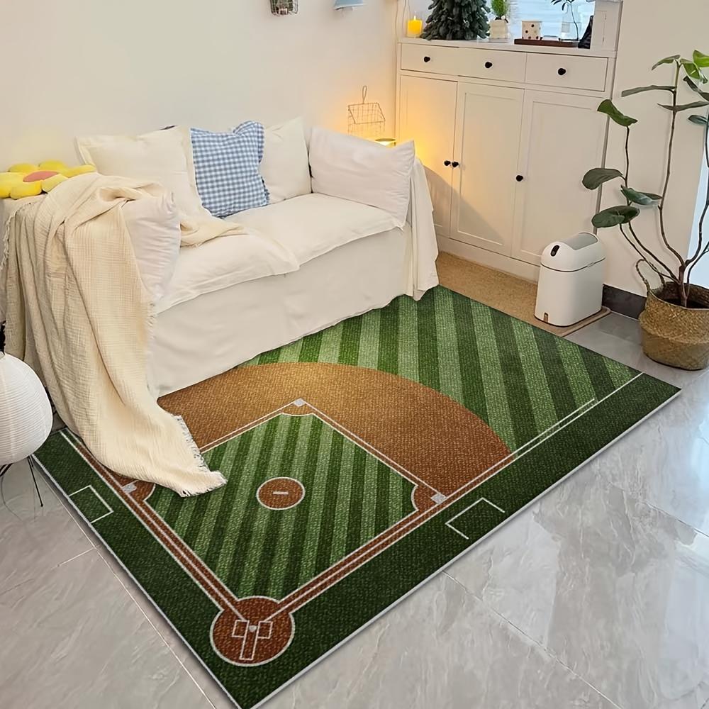 Baseball Field Game Area Rug Realistic Sports Court Striped Grass Print Non‑slip Soft Washable Boys Bedroom Play Carpet