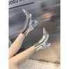 Women's Silver Chunky Heel Ankle Boots, New Winter 2025, Pointed Toe with Side Zipper, Mid-Calf Design.