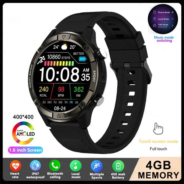 LUCKYSTART Smart Watch Men 2024 Новые спортивные часы с дисплеем 1,6 дюйма AMOLED, 4G ROM, голосовые вызовы, локальная музыка, водонепроницаемые мужские умные часы