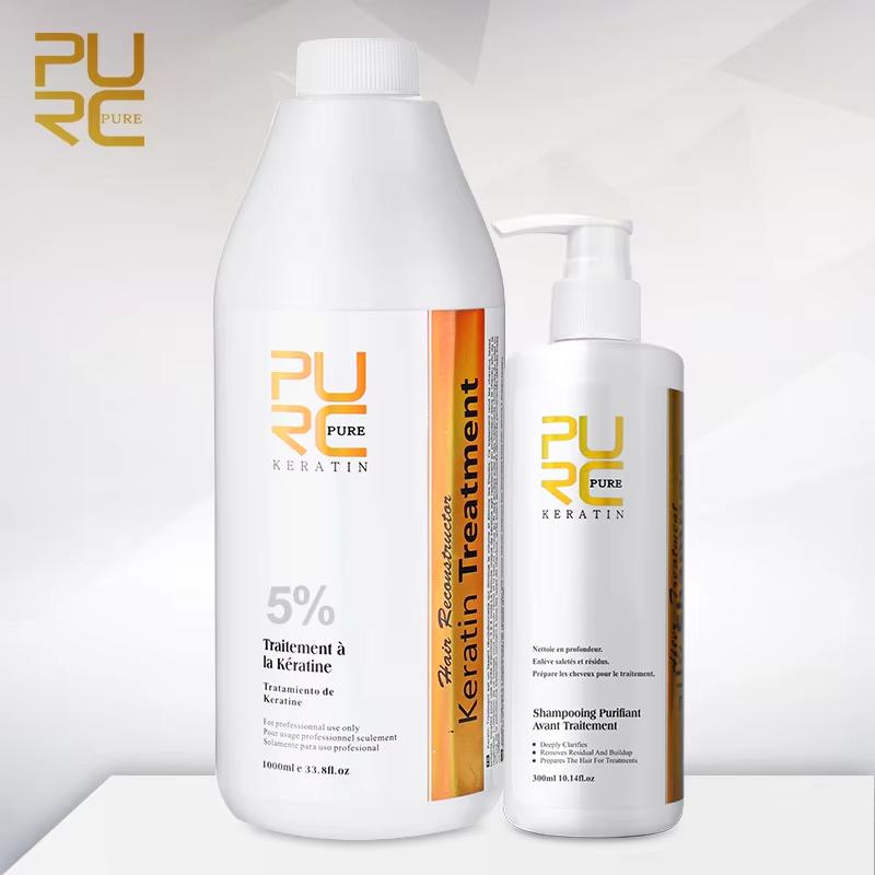 PURC 1000 мл Кератин 300 мл Шампунь Выпрямление волос Лечение вьющихся волос Средства для устранения завитков Бразильский разглаживающий кератин