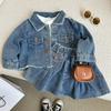 Spring Summer Girl's Denim Set with Retro Lapel Long Sleeved Denim Jacket+pleated Skirt Cover Girl's Two-piece Set