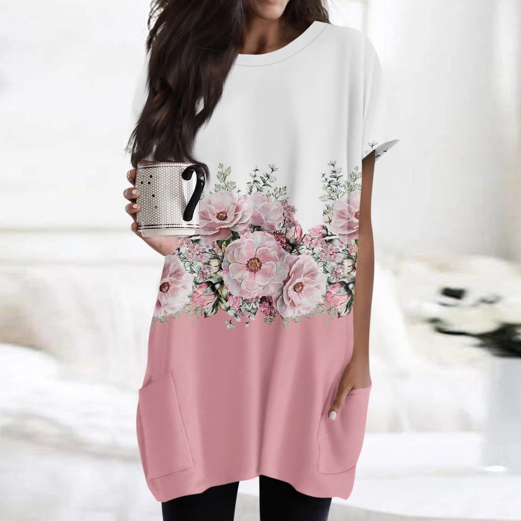 Women'S T Shirt Round Neck Short Sleeves With Pocket Print Regular Fit Tops