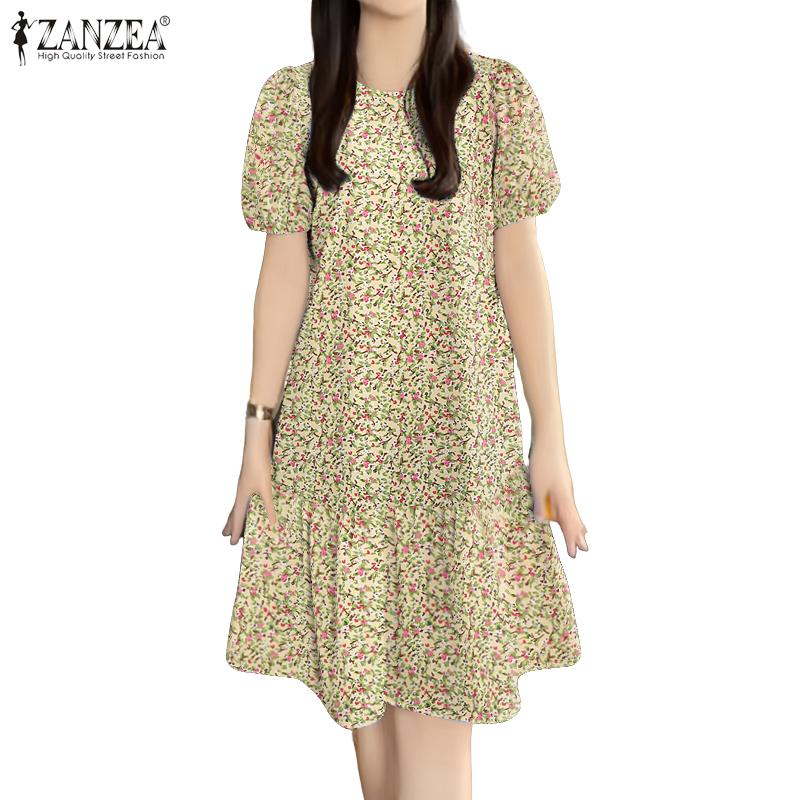 ZANZEA Women's Summer Round Neck Short-Sleeve Floral Print Dress