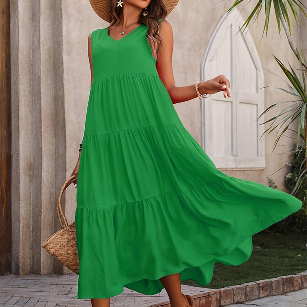 Женское летнее повседневное свободное платье-сарафан без рукавов в стиле бохо с струящейся оборкой и многоярусным макси-платьем