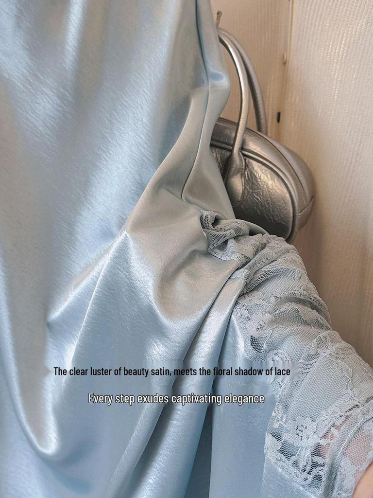 Stunning French Lace Patchwork Fishtail Midi Skirt: Silk-like Satin, Elegant Slim-Fit for Women