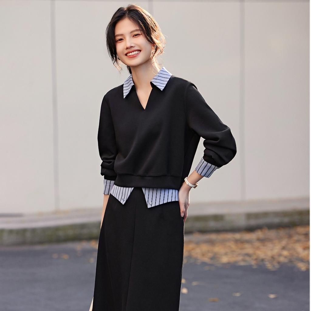 Design Shirt Collar Sweatshirt Suit for Women's Autumn New Casual Simple Skirt Two-piece Set