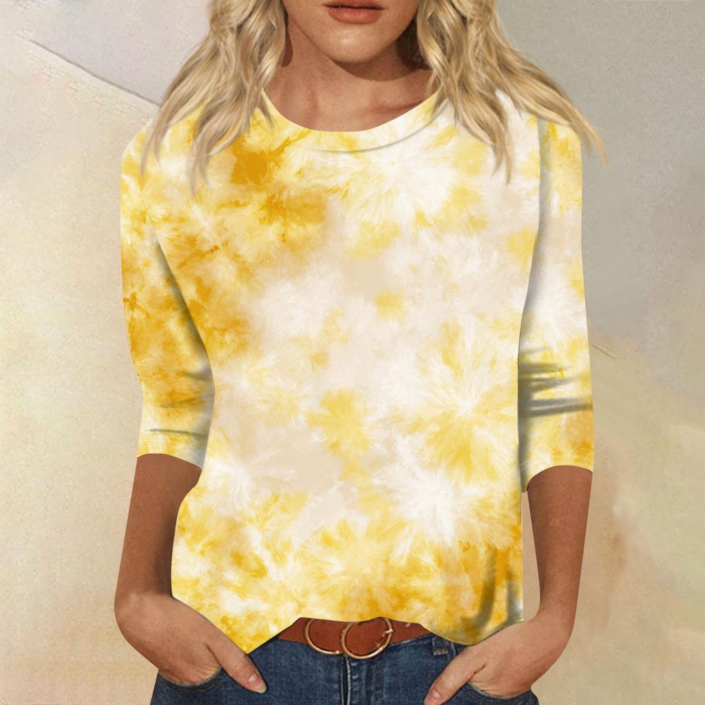 Женская модная повседневная футболка с круглым вырезом, рукавом три четверти и градиентным принтом