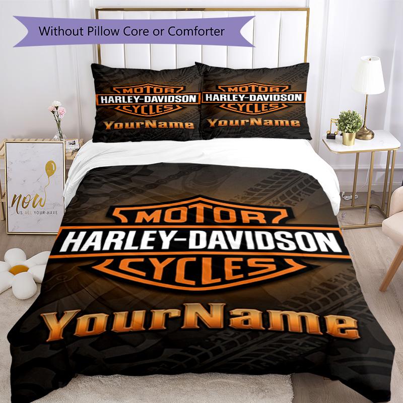 Мотоциклы Harley-davidson Напечатайте свое имя Комплект постельного белья Дышащий пододеяльник с наволочками Декор для дома Подарок на день рождения