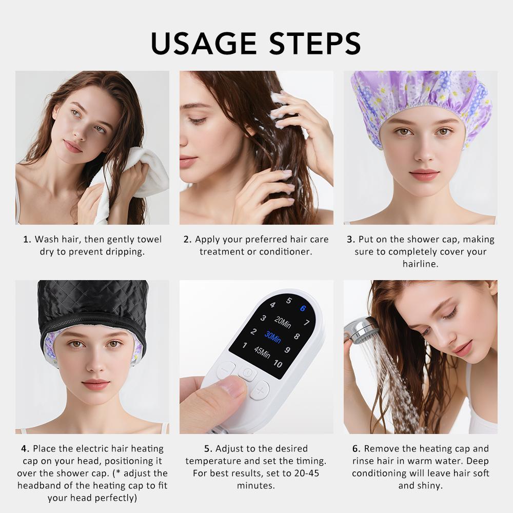 Home Salon Hair Steamer Cap Women Electric Portable Heating Hat Hair Oil Baking Mask Cap 3 Timer Deep Conditioning Bonnet Black
