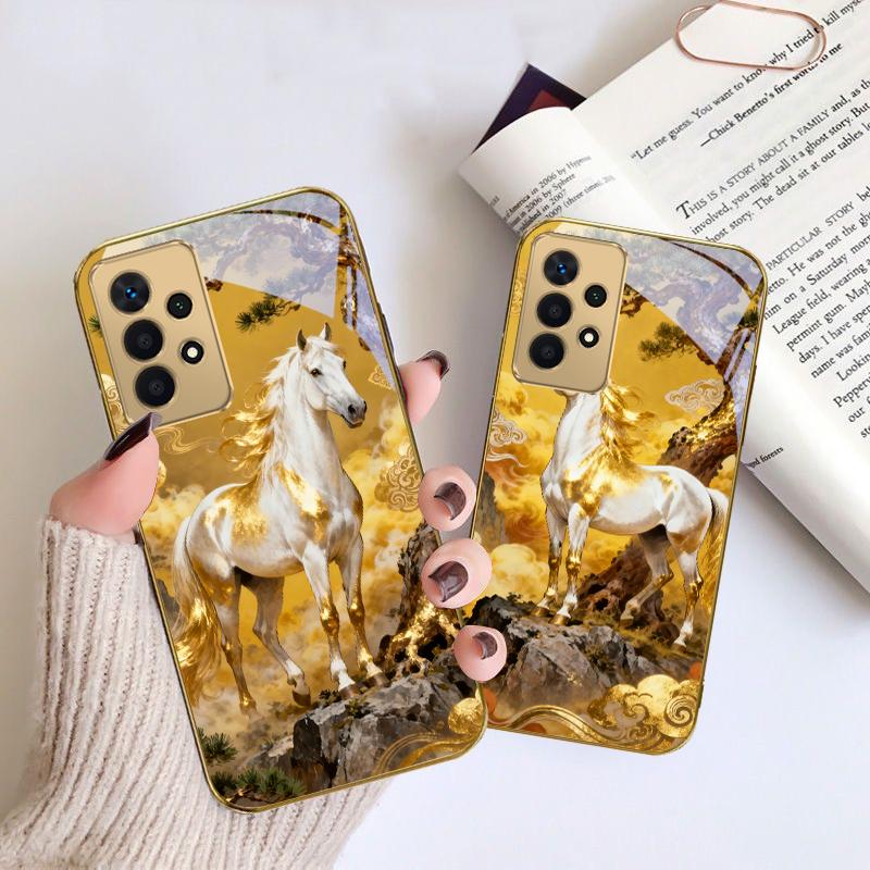 Высокая и крепкая лошадь Для Samsung A 01 52S A04 A05S A10 A12 A13 22 23 24 36 42 M02 Note 10 20Ultra 8 9 Золотой стеклянный чехол для телефона