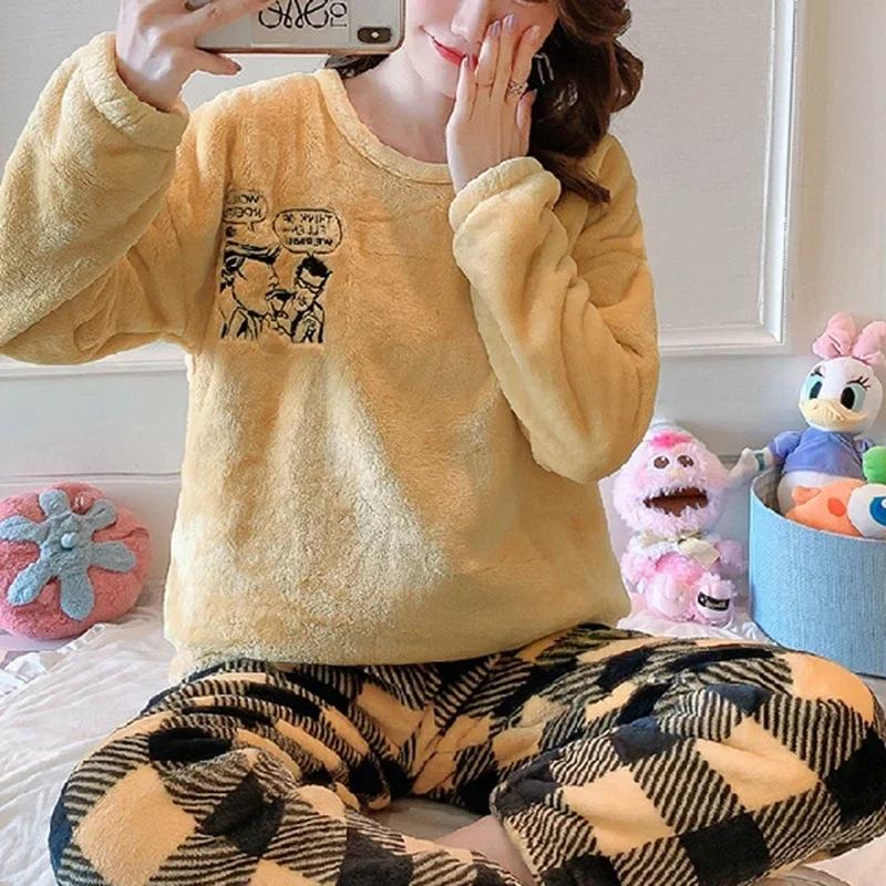 Winter Women Flannel Pajamas Polar Bear Print Teddy Sleepwear Velvet Loungewear Thick Warm Pijamas