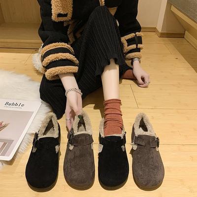 Женские осенне-зимние теплые туфли на плоской подошве с флисовой подкладкой и металлической пряжкой, женские повседневные мокасины, низкие хлопковые туфли без застежек