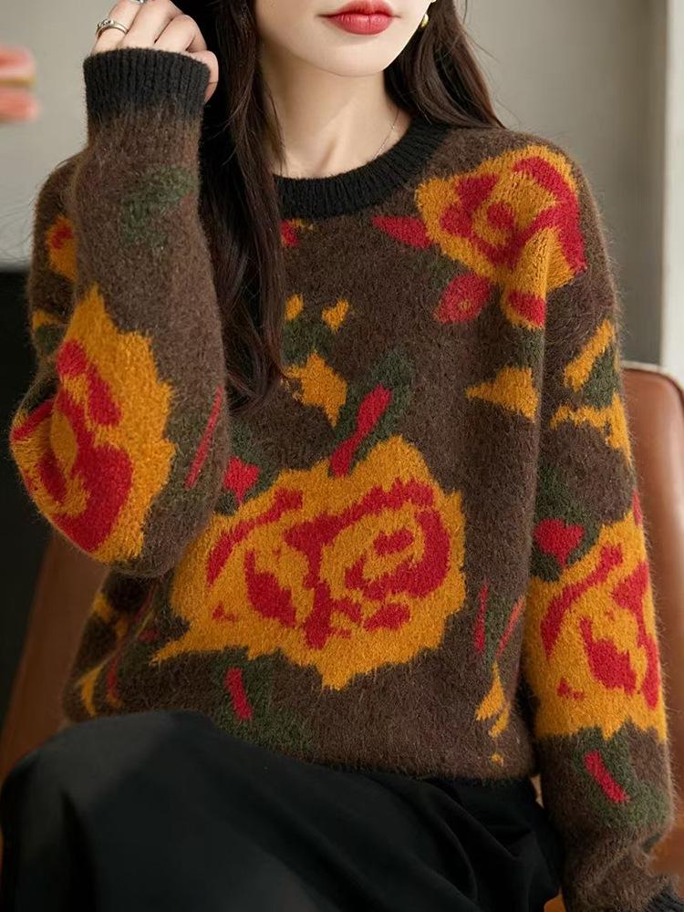 Women's Autumn Winter Rose Jacquard Sweater - Thick, Loose Knitwear with Fashion Design