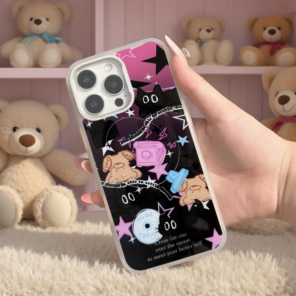 Для iPhone 16 Pro Магнитный чехол TPU PC Чехол для телефона со съемной сдвижной задней панелью с бурым медведем