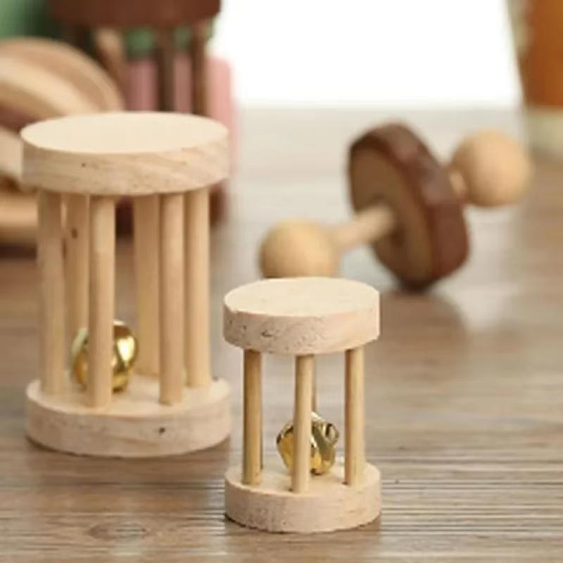 Small Animal Guinea Pig Rabbit Hamster Play Pet Roller Toys Natural Wooden Pine Dumbells Unicycle Bell Chew Chewing Braided Ball