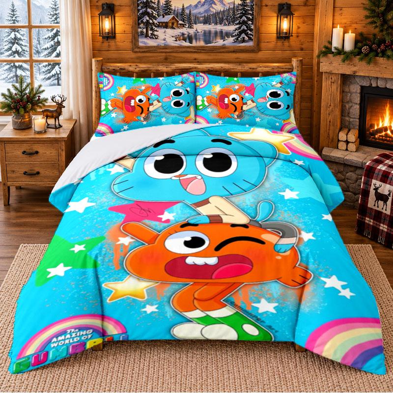 Amazing World of Gumball Pattern Bedding 3Pcs Set Bed Sheet And Pillowcases For Indoor Bedroom