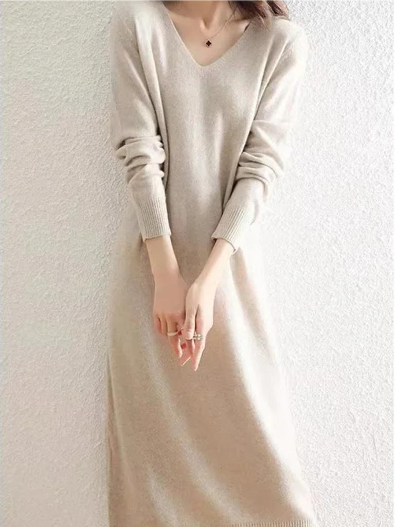 Autumn and Winter V-neck Knit Dress Women's Loose-fit High-end Feel Undercoat Long Dress French Style Coat for Ladies