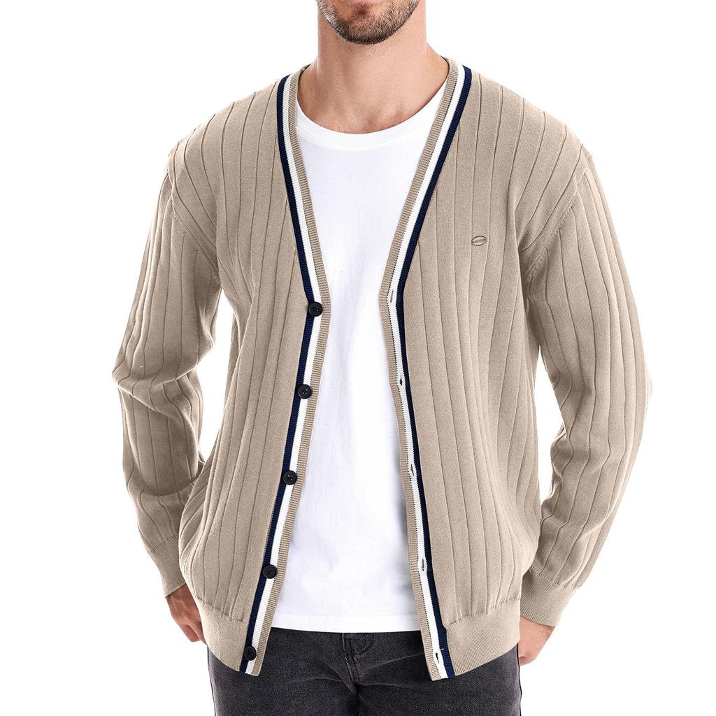 Men's Winter V-neck Long Sleeve Contrast Color Trimming Jacket Men's Loose Solid Color Knitted Cardigan