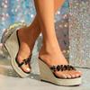 Женские сандалии сексуальные соломенные пеньковые веревки простые покатые каблуки водонепроницаемые тележка модель горный хрусталь жгут LFD-11013-10