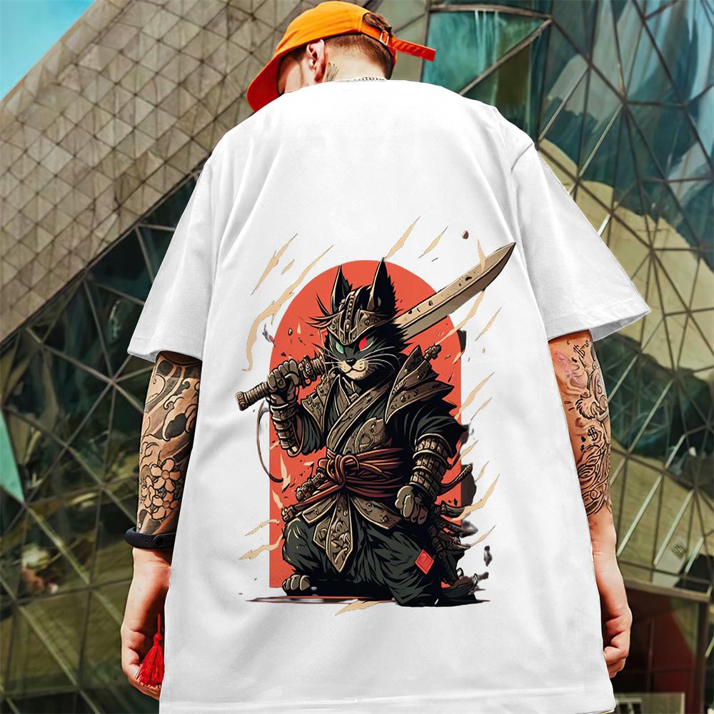Новая мужская футболка с 3d самурайским котом, футболка с короткими рукавами, лето 2024, быстросохнущие повседневные футболки, топы, повседневная футболка большого размера для мужчин