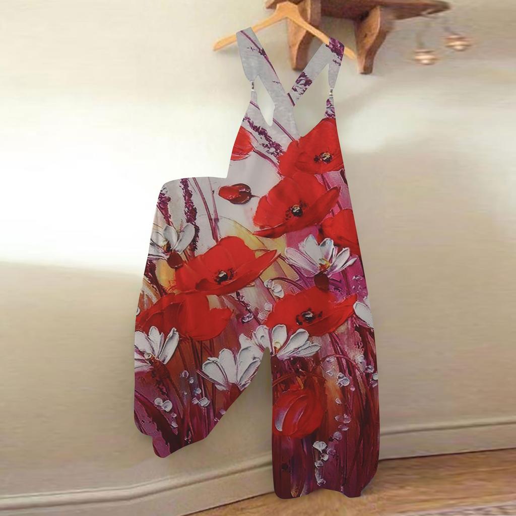 Women's Fashion Summer Sweet Loose Casual Print Retro Strappy Jumpsuit