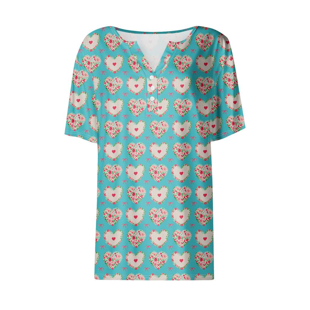 Женская повседневная футболка с v-образным вырезом и коротким рукавом с цветочным принтом и декоративными пуговицами, топ