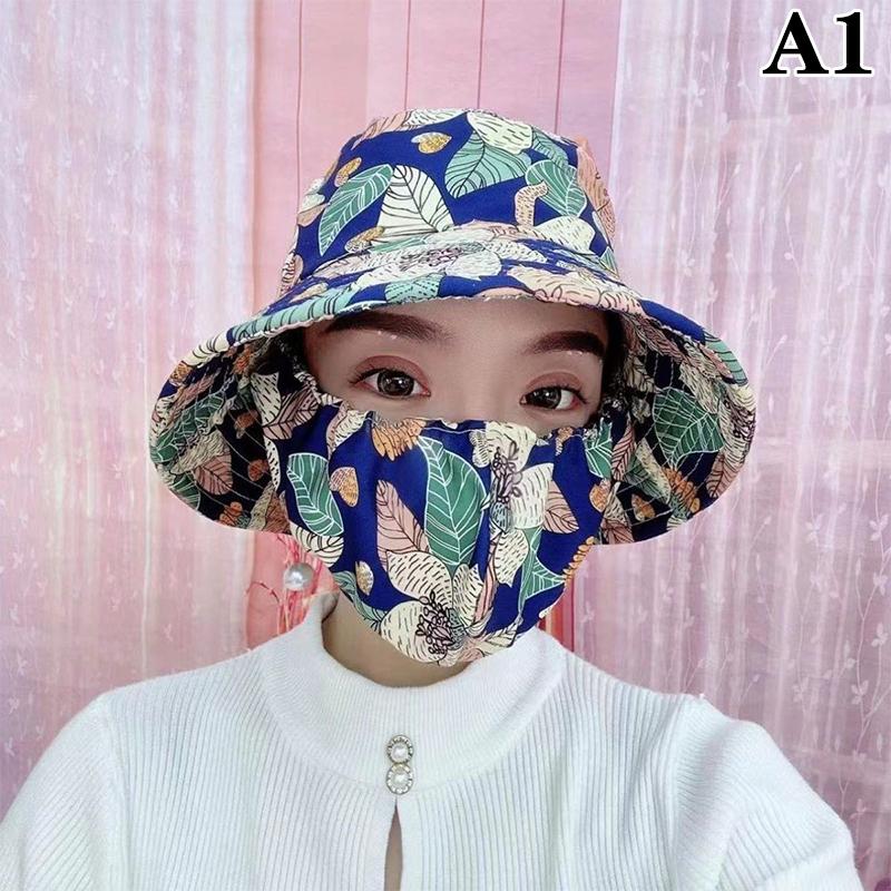 Summer Women Outdoor Print Fisherman Hat Uv Protection Wide Brim Garden Work Shade Hat Breathable Mask Integrated Cap
