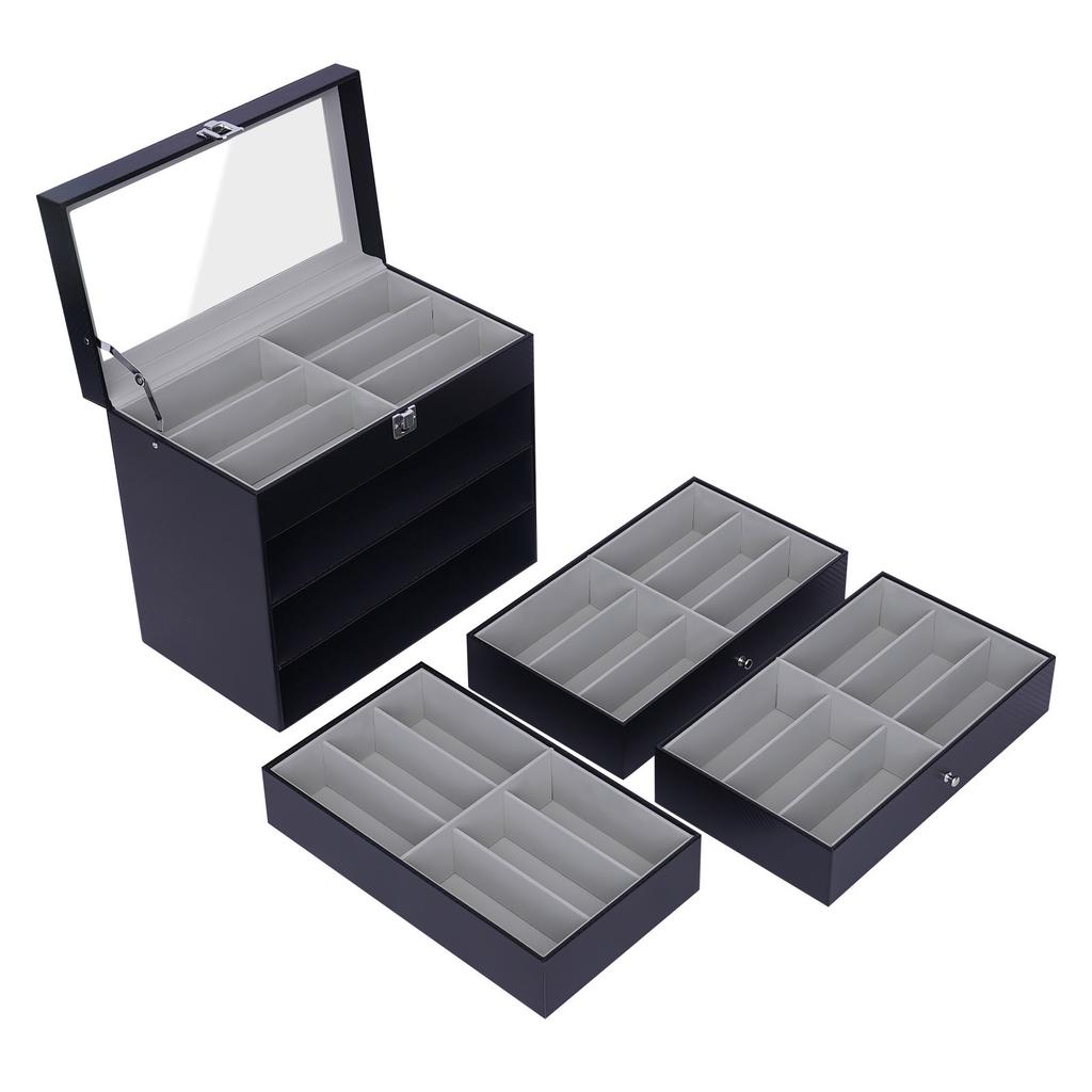 4-Layer PU Leather Glasses Display Box – Glass Top – Holds 24 Sunglasses or Eyeglasses – Black