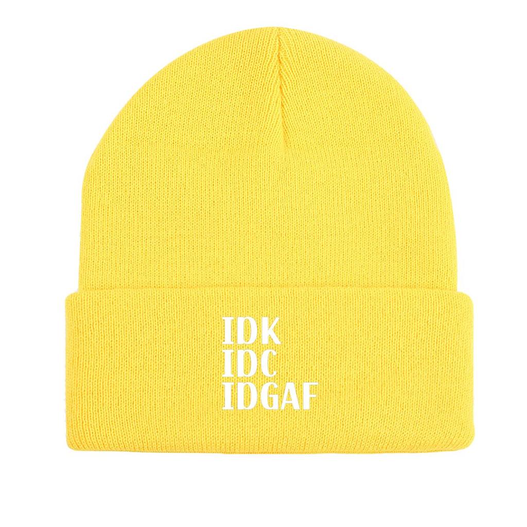 IDK IDC IDGAF" Winter Knit Hat Beanie, White Text Skullies Beanies Warm Winter Sporting Gorro Knitted Cap Beanie
